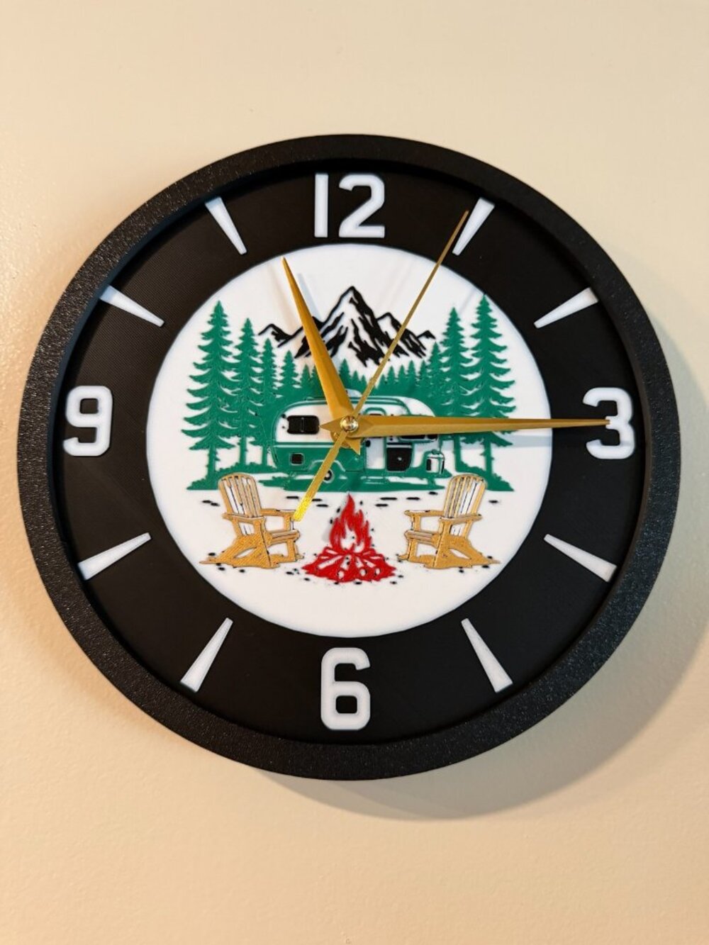 Camping Theme 10" Round 3D Printed Retro Wall Clock